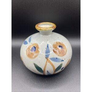 Vase Floral Glazed Art Pottery Hand Painted 3.5" Cottagecore Small Round Vintage